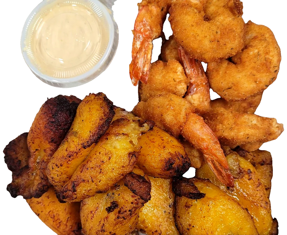 Coconut shrimp with fried plantain
